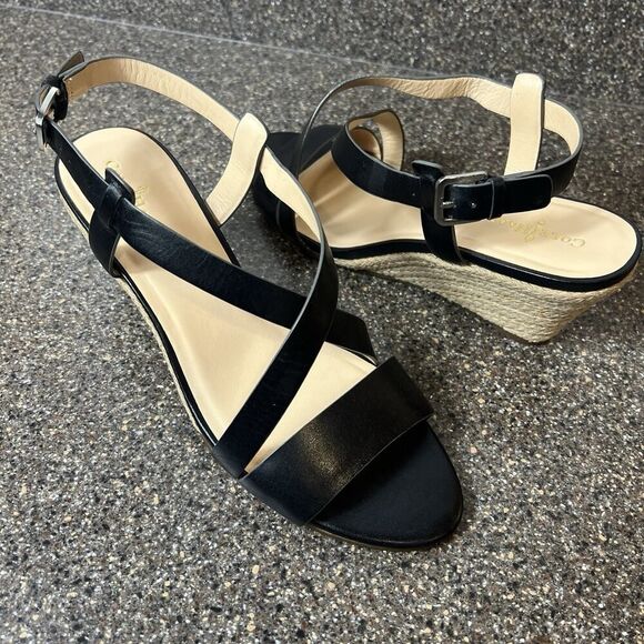 Cole Haan Shoes - Cole Haan Women's 8 B Wedge Black Leather Espadrille Sling Back Open Toe Sandals